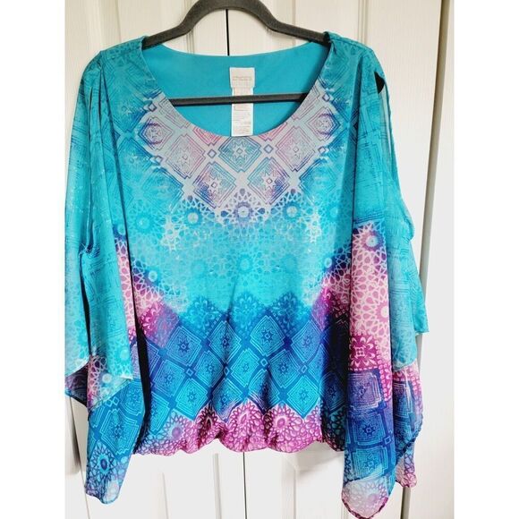 Chico's‎ 3 Handkerchief Top Blue Pink Round Neck Size XL Gathered Hemline SS - Picture 1 of 8